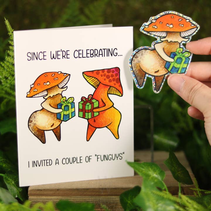 "Celebrating" - Funguise™ Greeting Card w/ sticker for wholesale by Funguise Friends by WkdWest