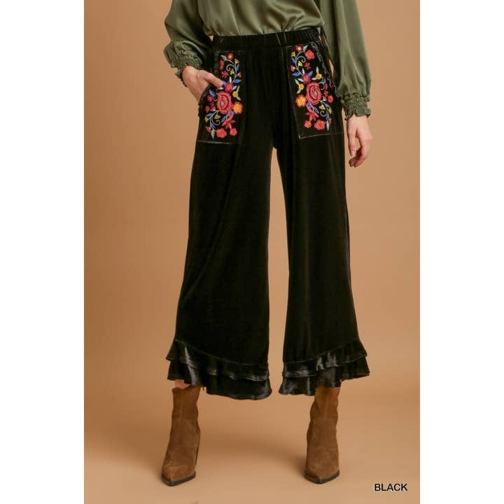 BNS - Wholesale Pants - Women's - Velvet Wide Leg Pants with Embroidered Pockets