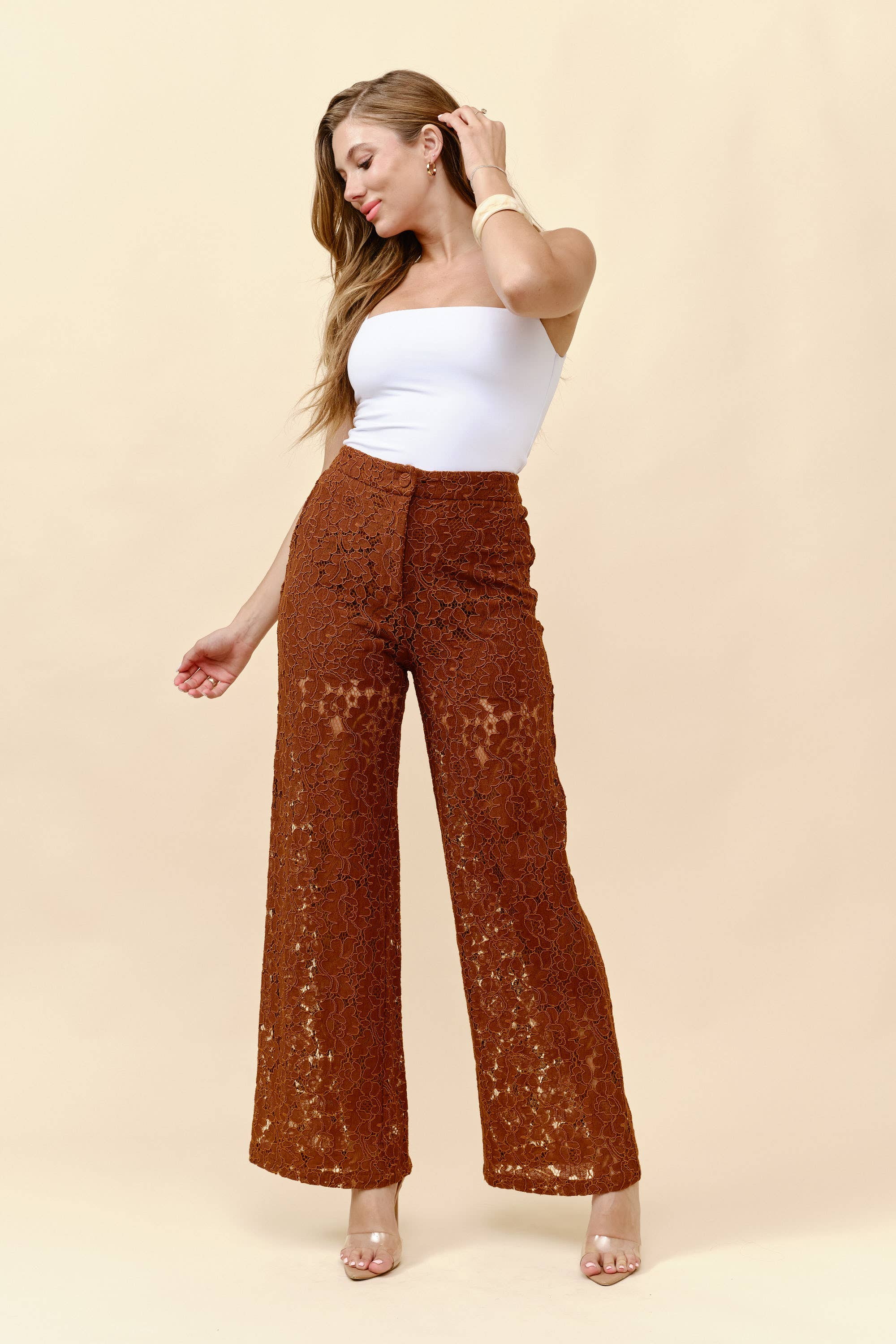 Brown High waist wide leg lace trousers for wholesale on Faire10
