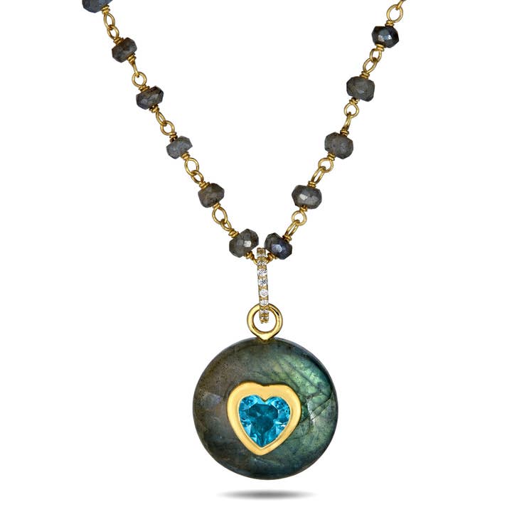 Pendentif Collier Cœur Aqua et Labradorite pour la vente par Rachel Reinhardt