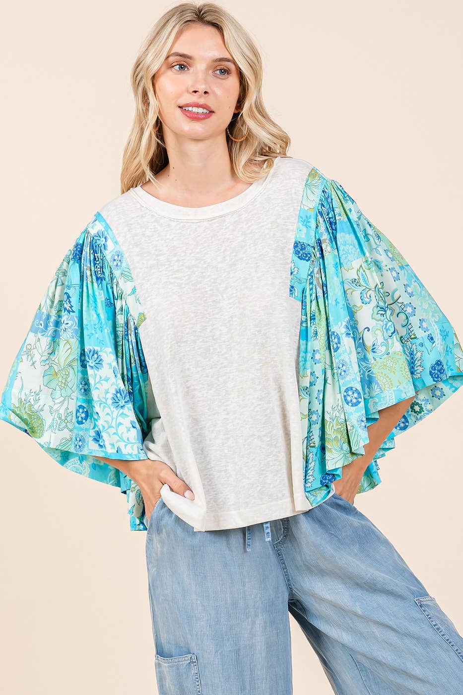 mittoshop - Wholesale Blouse - Women's - FLORAL PATCHWORK PRINT RUFFLE FLUTTER SLEEVE TOP5