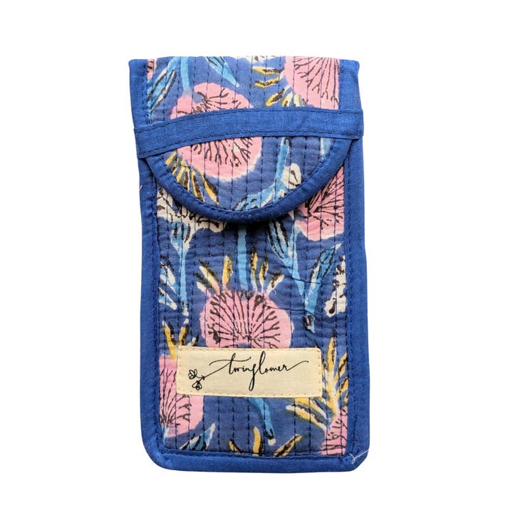Blue & Pink Floral Block Print Quilted Glasses Case for wholesale by Twinflower