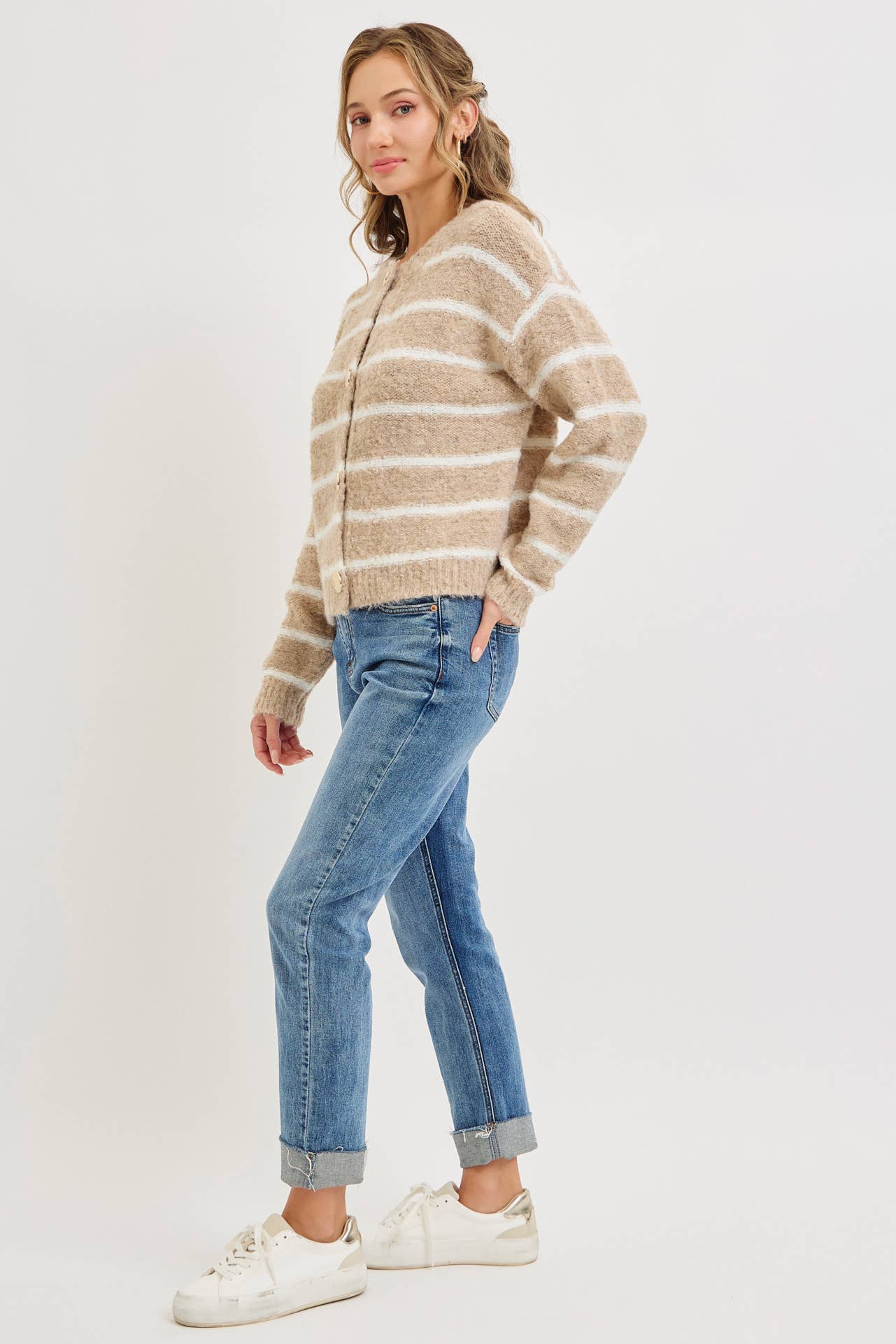 TAUPE COZY STRIPED BUTTON UP KNIT CARDIGAN for wholesale on Faire6