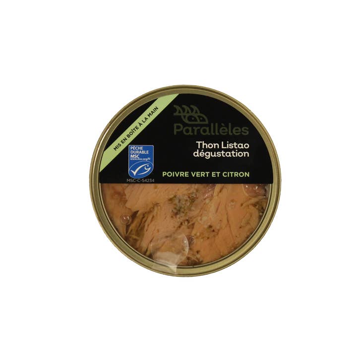 Tonno a pezzi MSC in olio, pepe verde e limone per la vendita all'ingrosso da parte di Conserves Parallèles