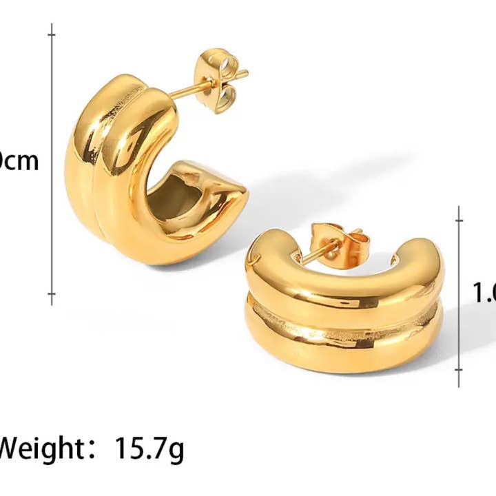 HoopLa - Wholesale Hoop Earrings - Puffy Double Hoop Earring- steel Gold HuggieÂ
