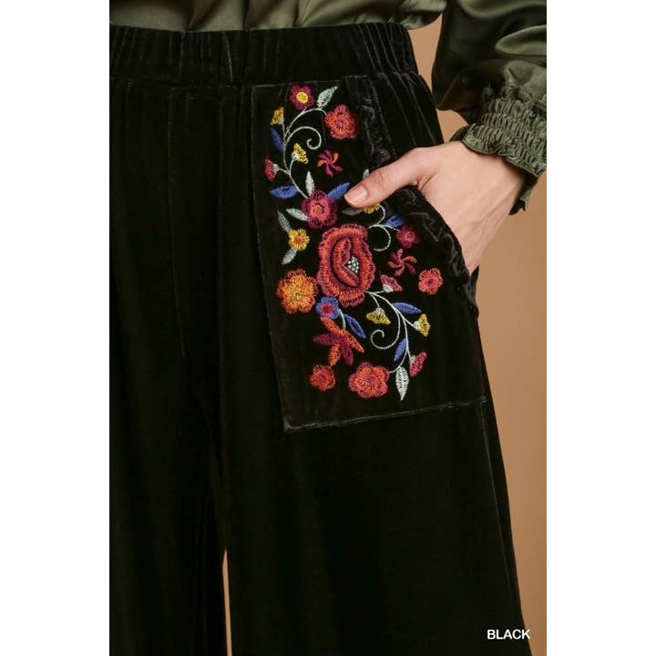 BNS - Wholesale Pants - Women's - Velvet Wide Leg Pants with Embroidered Pockets