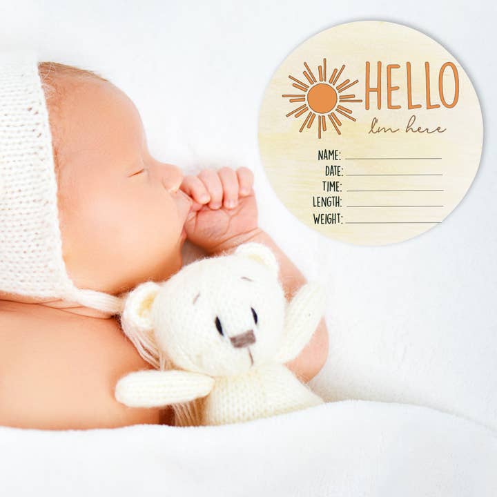 Hello I'm Here Sun Wooden Birth Disc for wholesale by Timber Tinkers