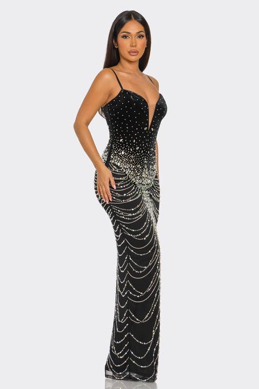BANJUL - Wholesale Dress - Women's - BCCDS45036  Rhinestone Embellished Draped Chain-Like Dress3