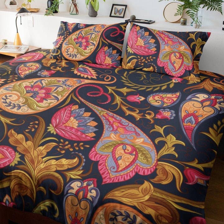 Paisley Black Duvet Cover Set | Dorm Bedding Set With Pillow Cover Case for wholesale by daintyduvet
