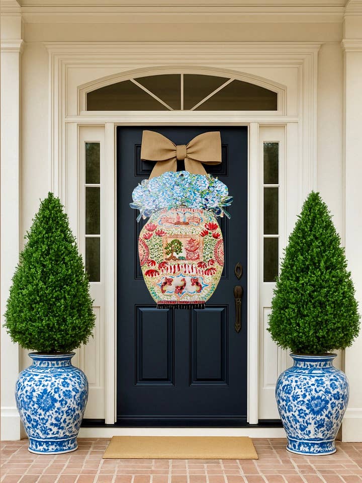 LARGE Designer Chinois Vase with Hydrangeas Door Hanger for wholesale by Mid Mod Design LLC