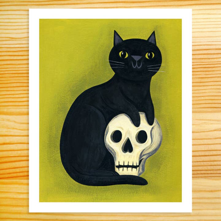 Black Cat & Skull - 8x10 Art Print for wholesale by Nellie Le