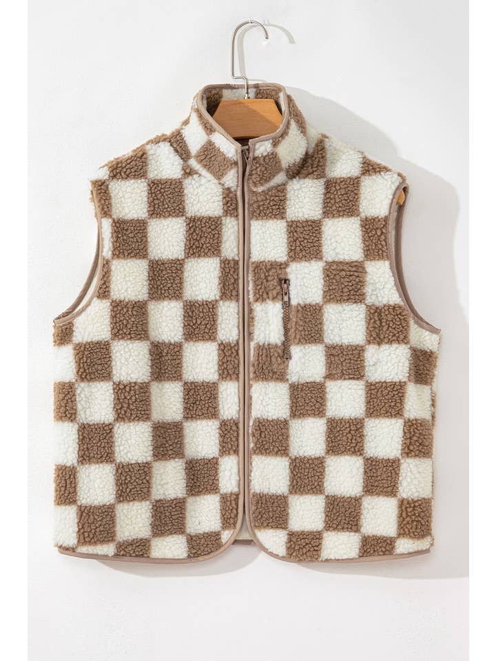 Beige Checkered Sherpa Sleeveless Zip Up Jacket Vest (S-XL) for wholesale on Faire