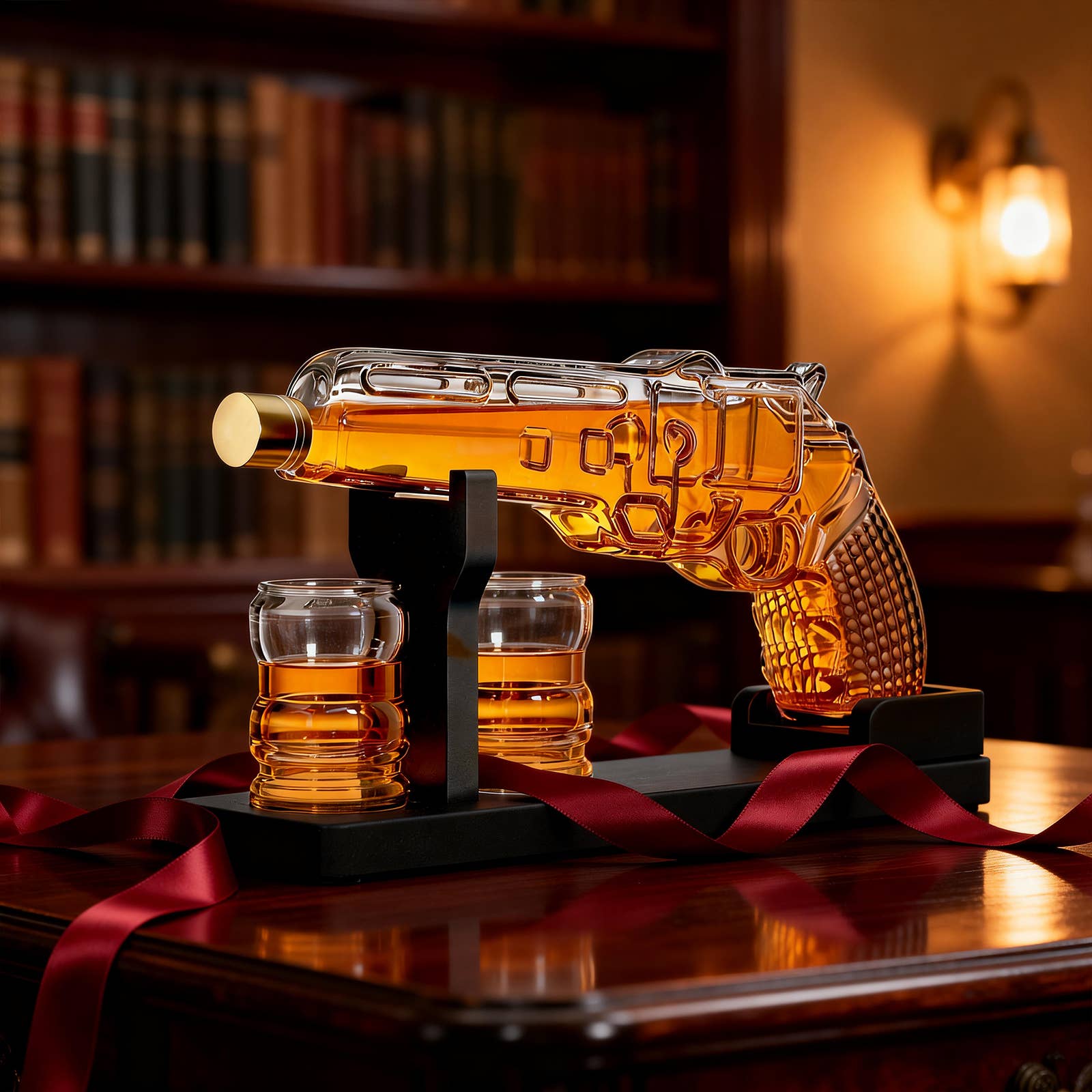 The Wine Savant /  Khen Glassware - Wholesale Decanter - Pistol Gun Decanter Set + 2 Bullet shot Glasses & Wood Stand7
