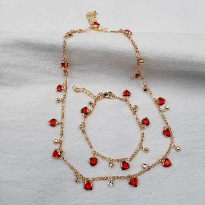 Rhinestone Red Heart Necklace and Bracelet Set - Valentines for wholesale by ENA Jewelry
