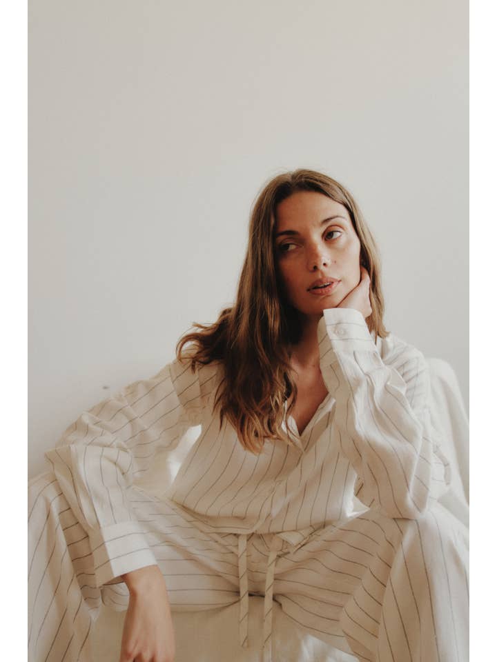 WHITE The Raquel Top | Pinstripe Linen Blend Button-Down Shirt for wholesale on Faire
