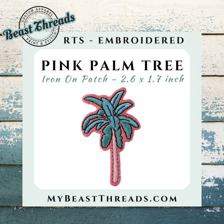 Pink Palm Tree Embroidered Patch- RTS for wholesale by Beast Threads LLC