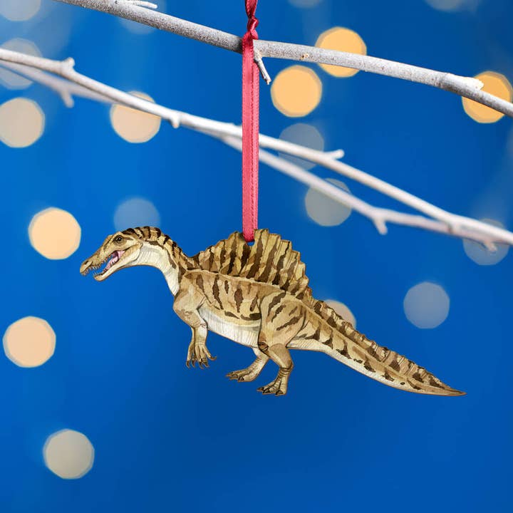 Decorazione natalizia per albero di Natale a forma di dinosauro Spinosauro in legno per la vendita all'ingrosso da parte di Oakdene Designs