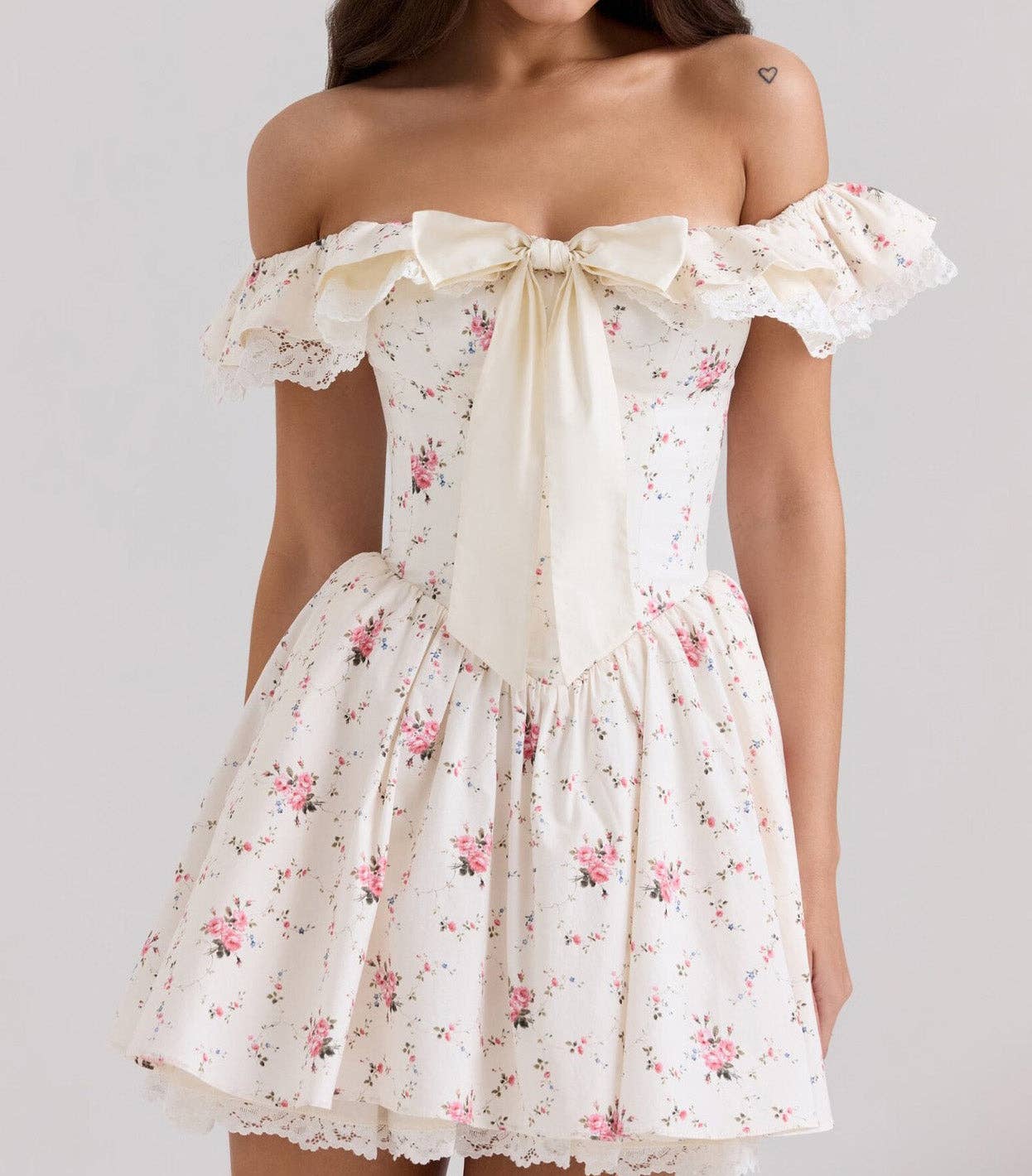 French sweet one shoulder bow floral lace waist dress for wholesale on Faire