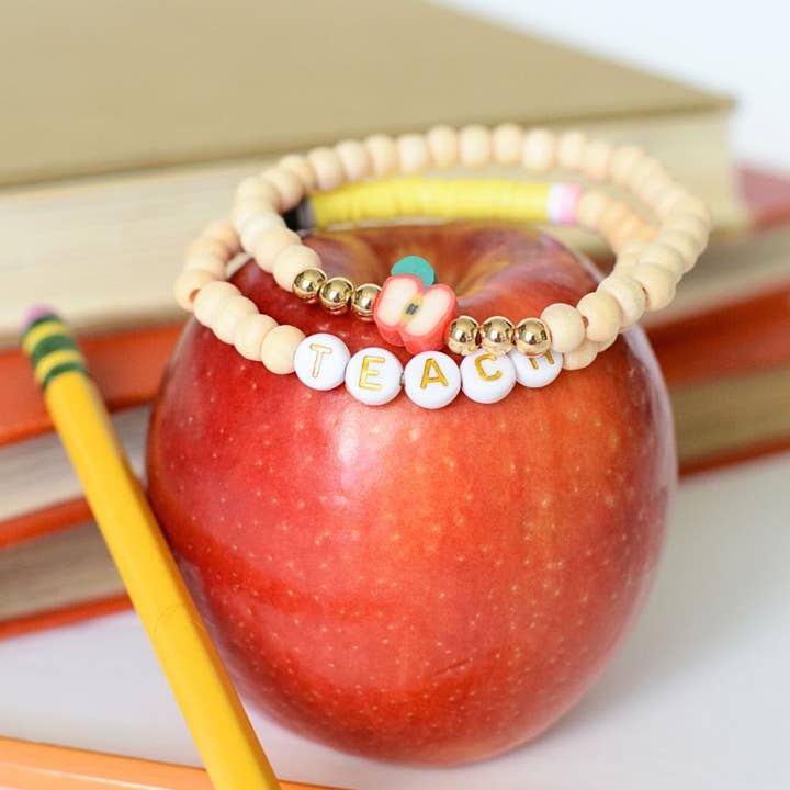 Two and Crew - Wholesale Beaded Bracelet - Natural Wood Bead Teacher apple charm Bracelet Stack