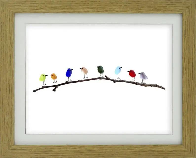 UrchinArtworks - Vente Affiche d'art - Décoration murale en verre de mer avec oiseaux arc-en-ciel sur branche0