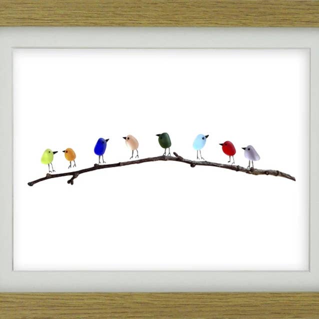 UrchinArtworks - Wholesale Art print - Rainbow Birds on Branch Sea Glass Picture Wall Art Decor