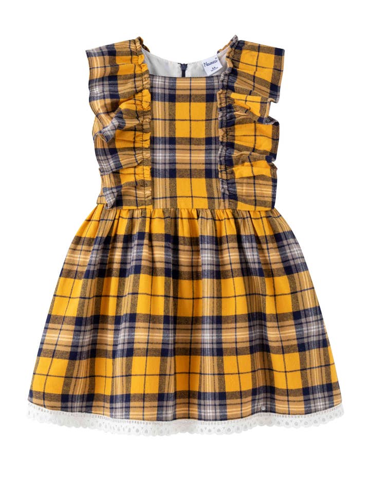 Vestito Salopette a Quadri con Volant Laterali per la vendita all'ingrosso da parte di Newness Kids