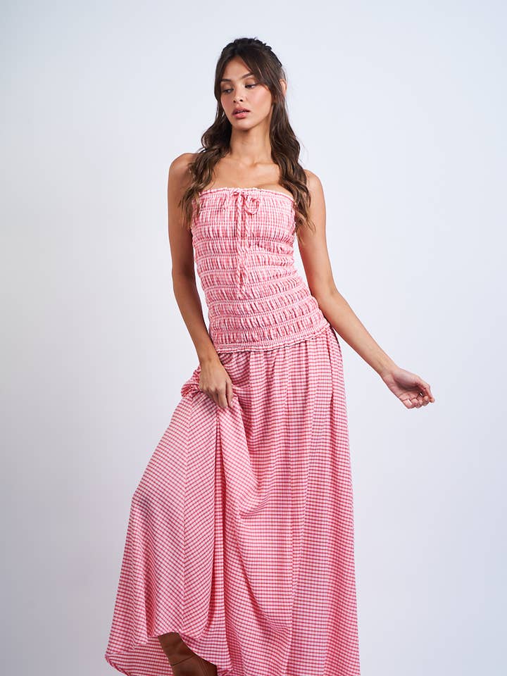 Sky to Moon - Wholesale Dress - Women's - PALE CHECKER SMOCKED BODY RUFFLE TUBE MAXI DRESS