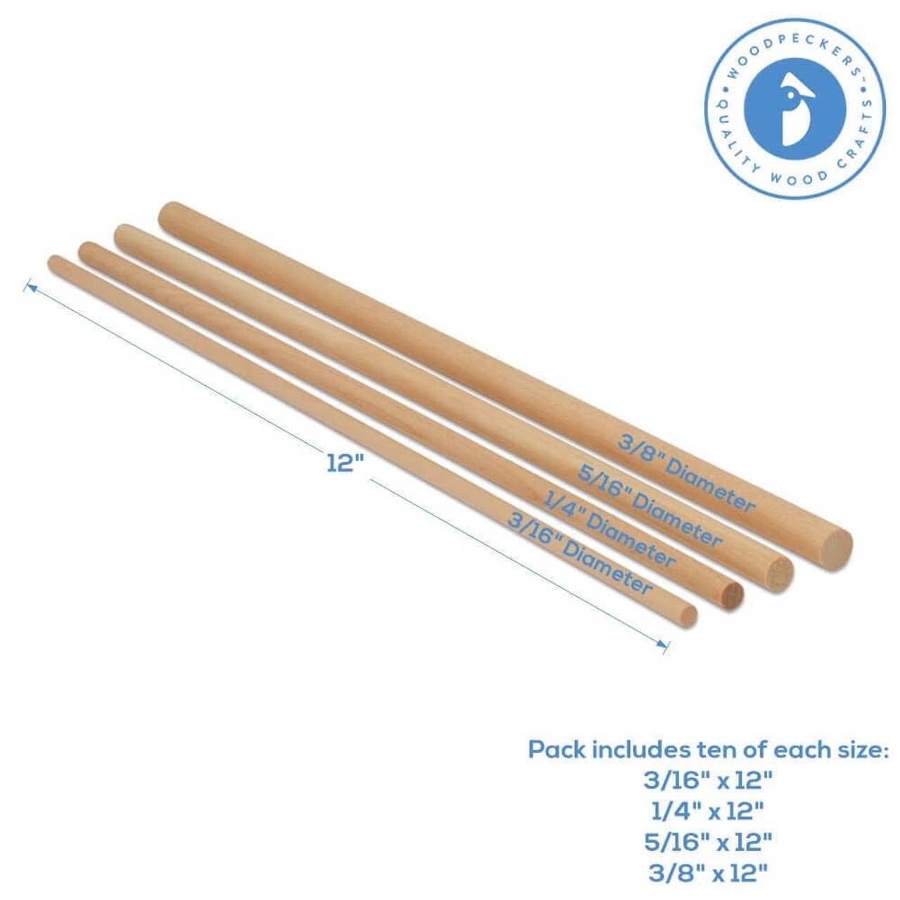 Woodpeckers Crafts - Wholesale Craft Supplies - Wood Dowel Rod Pack 12" Assortment, 40 Pieces3