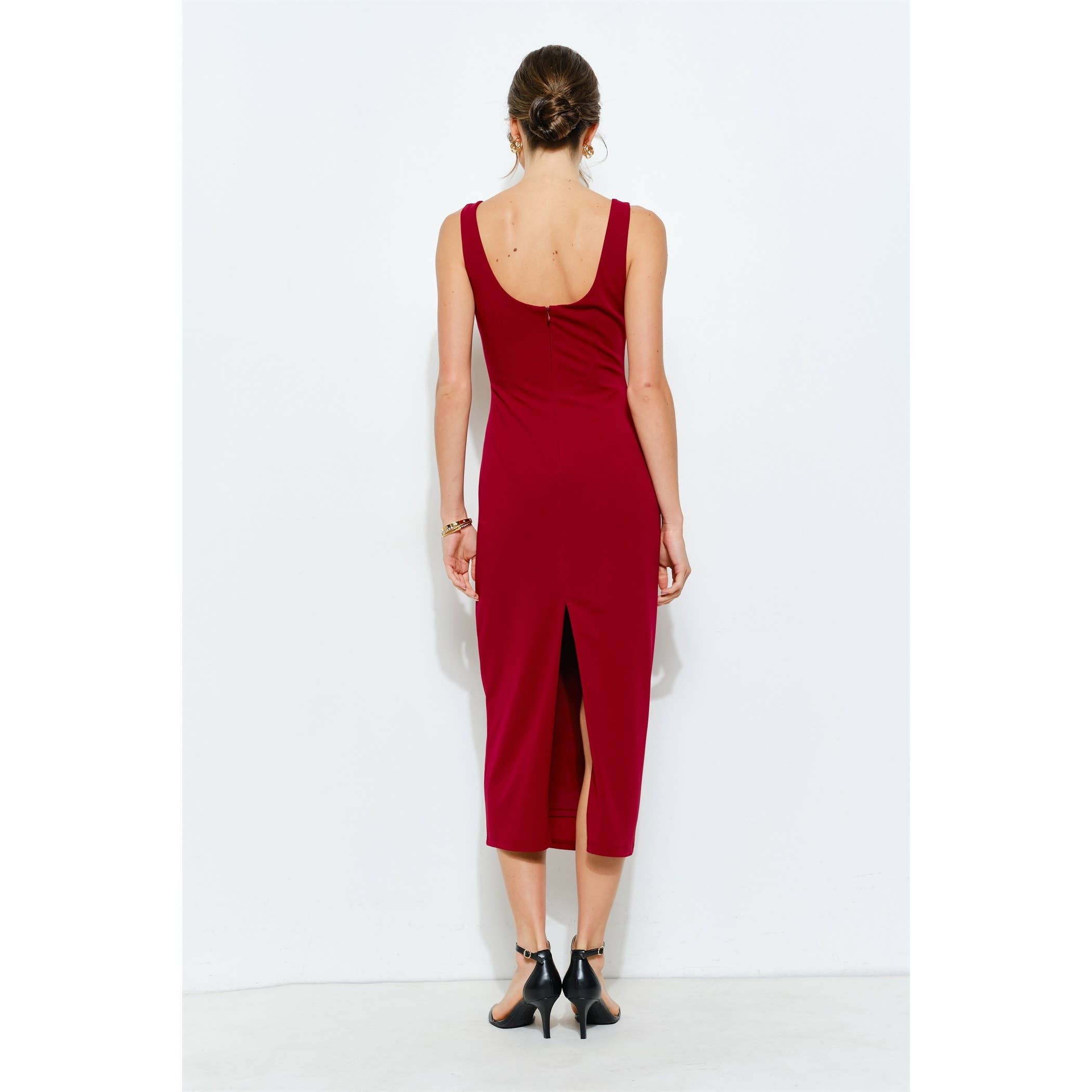 INA - Wholesale Dress - Women's - Knit Crepe Bodycon Midi with Princess Neckline3