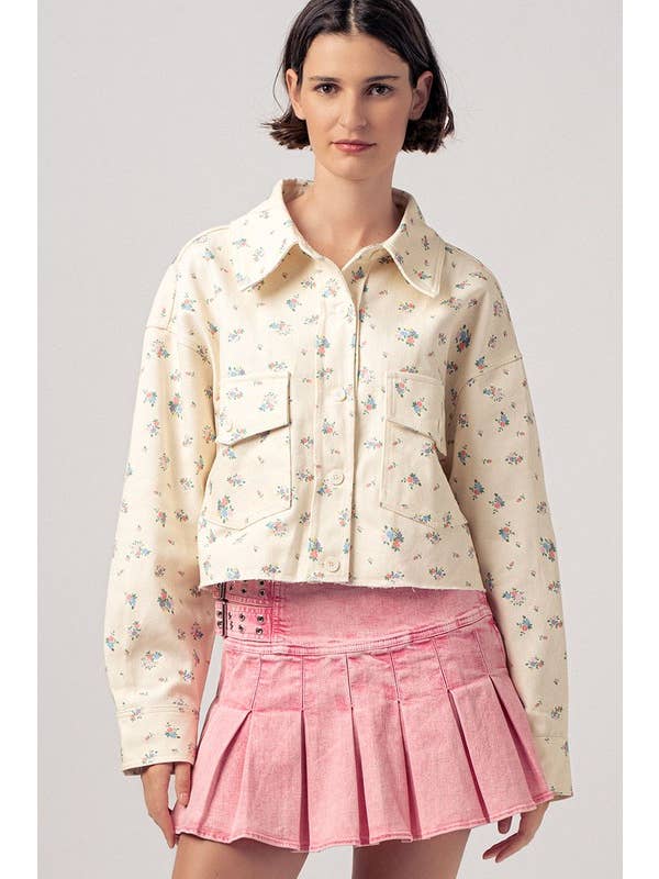 Urban Daizy - Wholesale Jacket - Women's - Floral Print Button Front Raw Hem Cotton Utility Jacket