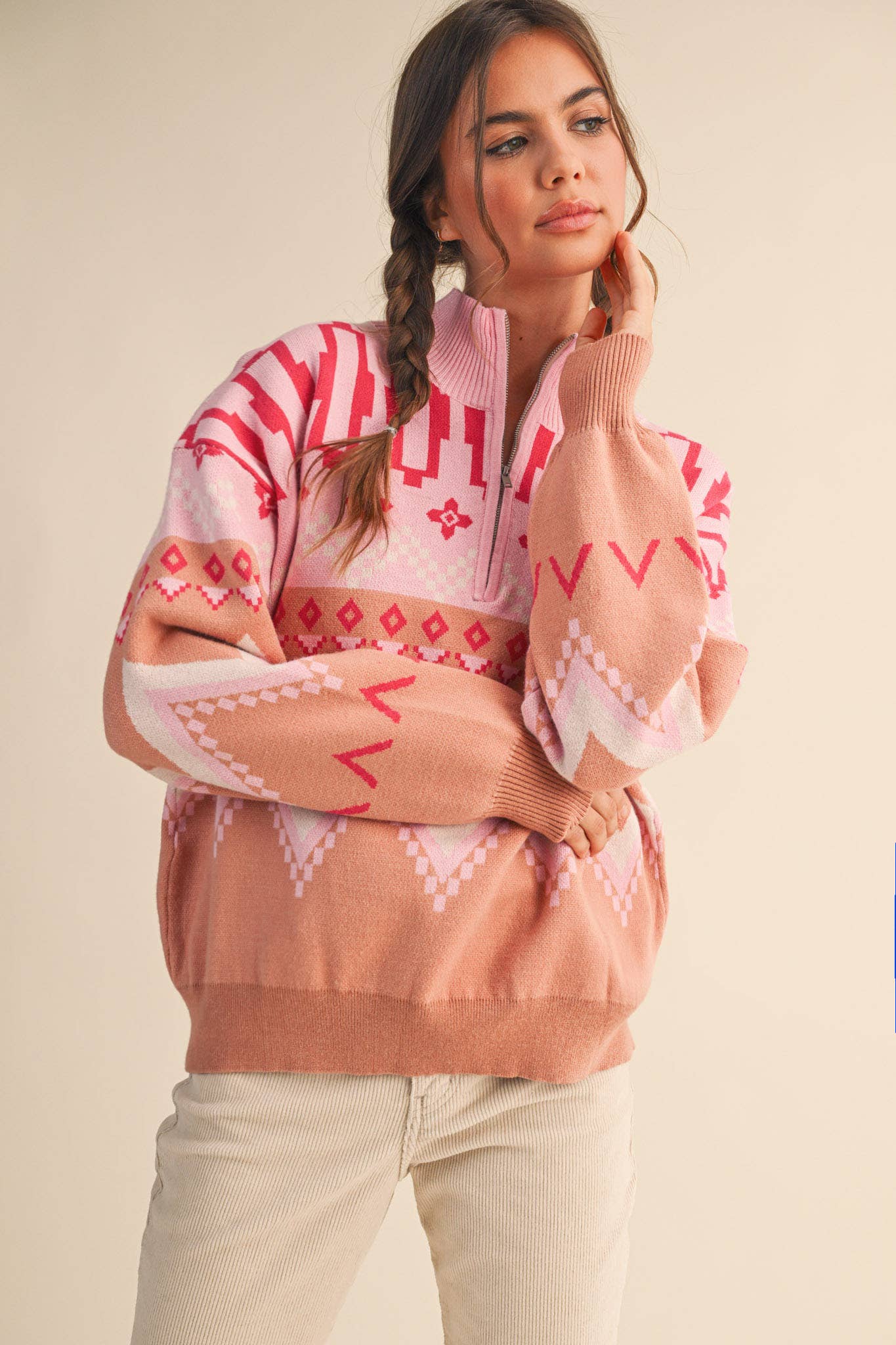 Burgundy Multi GEOMETRIC KNIT MOCK NECK HALF ZIP PULLOVER SWEATER MSW10885 for wholesale on Faire12