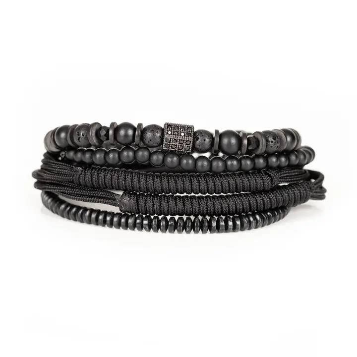 Ensemble de Bracelets en Pierre de Lave & Cordon Noir Matrix Stack Pavé Cube pour la vente par The Dark Men