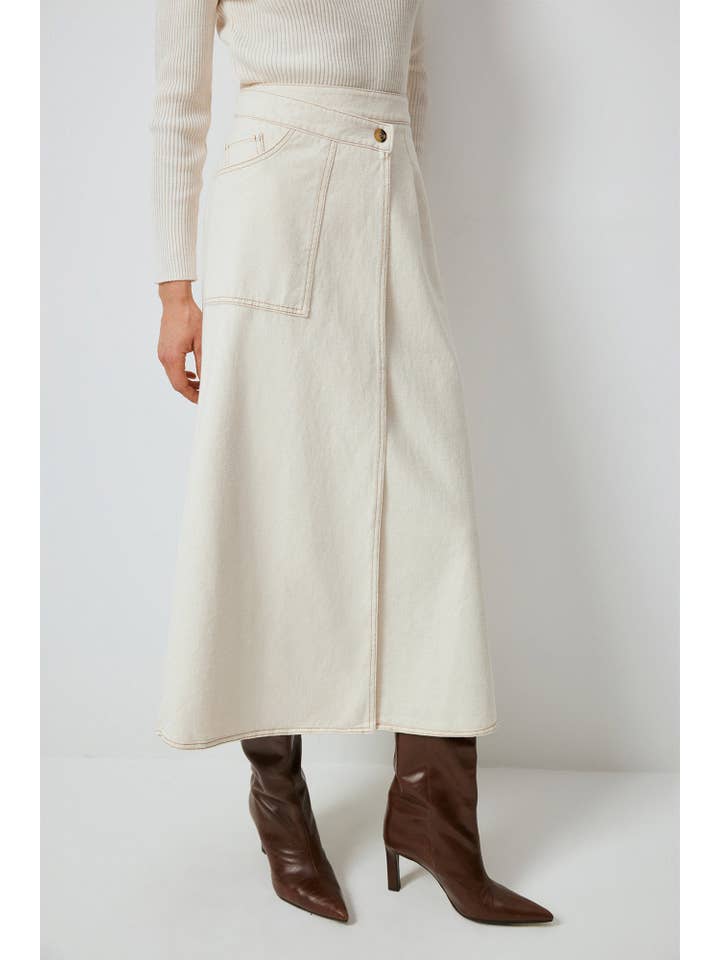 Cream DOUBLE BREASTED NATURAL DENIM SKIRT - A LINE, HIGH WAIS for wholesale on Faire