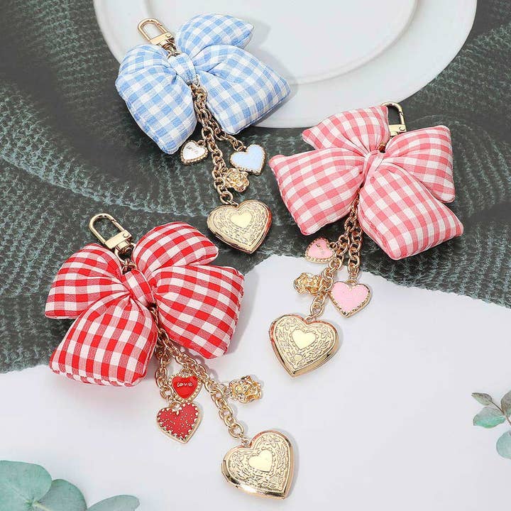 Checkered Bow Accent Heart Locket Charm Drop Keychain Bag Charm for wholesale by Sensibling Corp.