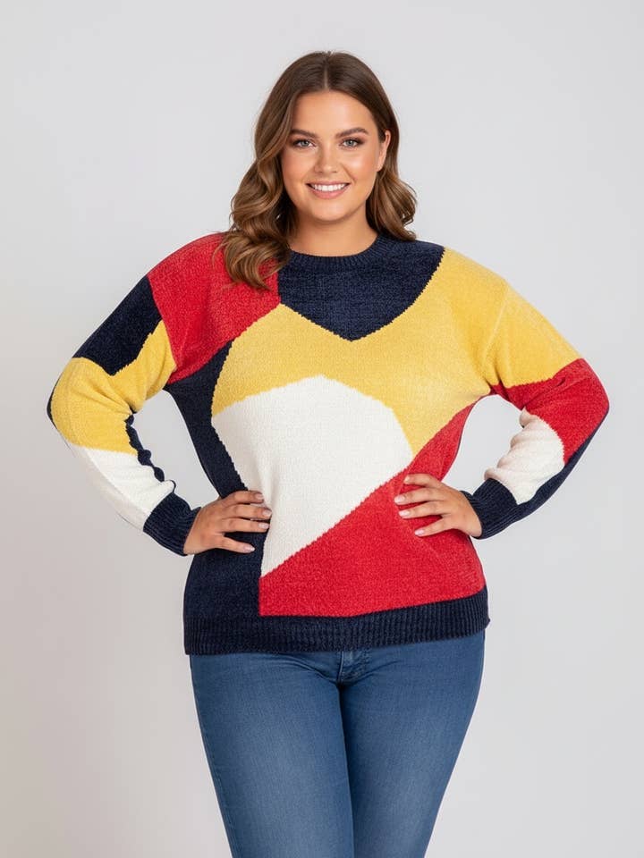 Plus size navy colorblock sweater (JX095) for wholesale by Pomme Rouge Paris