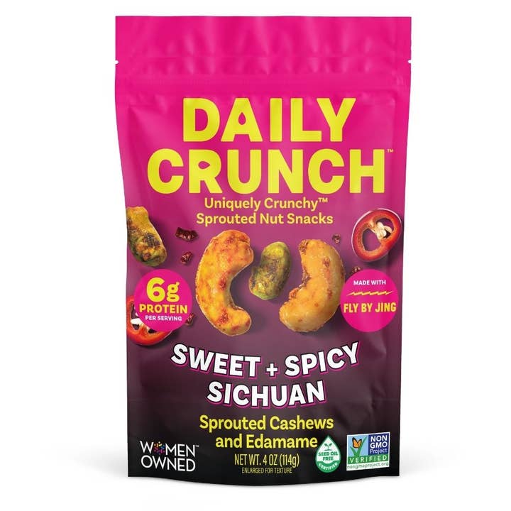 Sweet & Spicy Sichuan Sprouted Cashews, 4oz Pantry Bag for wholesale by Daily Crunch