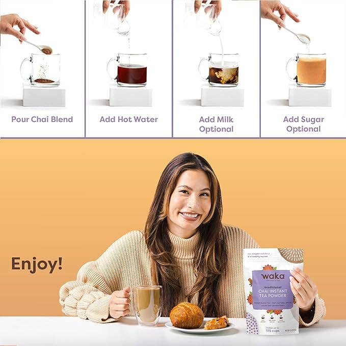 Waka Coffee & Tea - Wholesale Health/Detox Tea - Traditional Chai Unsweetened Instant Tea Powder 4.5 oz Bag4