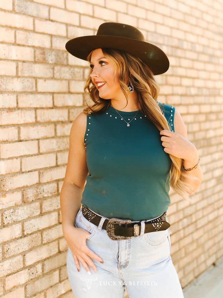 Teal Ribbed Vintage Silver Studded Tank Top for wholesale by LUCKY & BLESSED