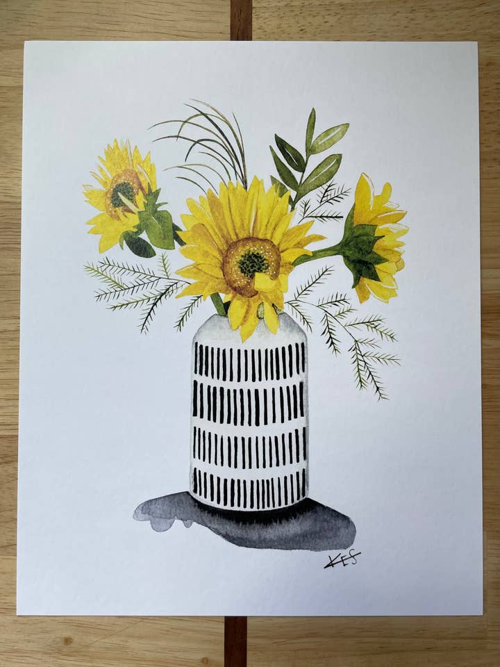 Girasoles en jarrón, 8 x 10 pulgadas, impresión artística en acuarela firmada para venta al por mayor de Kristin Schmidt Artist