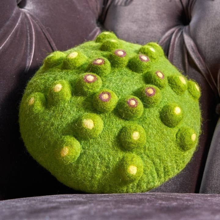 Green Round Felted Cushion Contemporary Textile Art for wholesale by Feltthink
