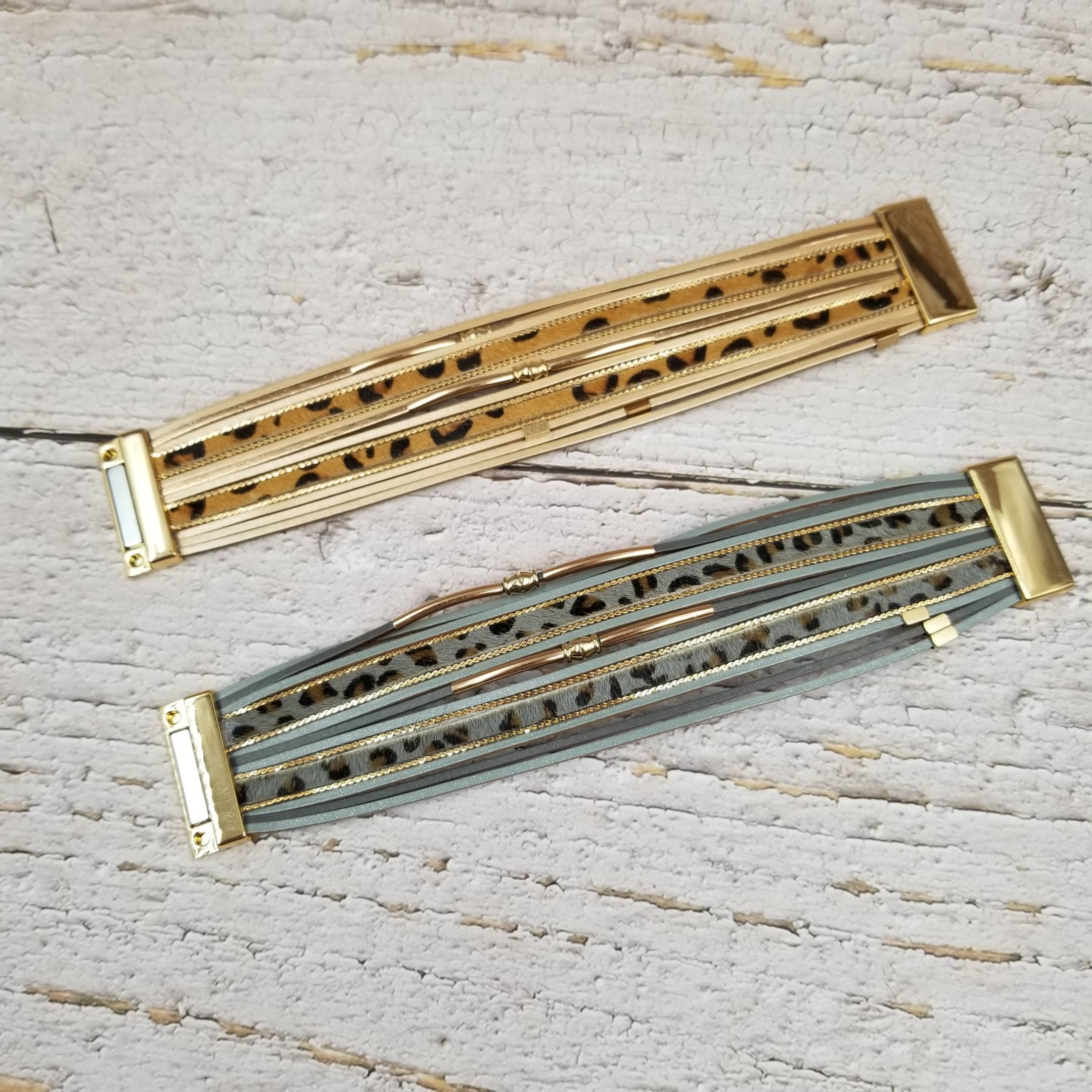 Treasure Wholesale - Vente Bracelet jonc - Bracelet multicouche en cuir à aimant léopard4