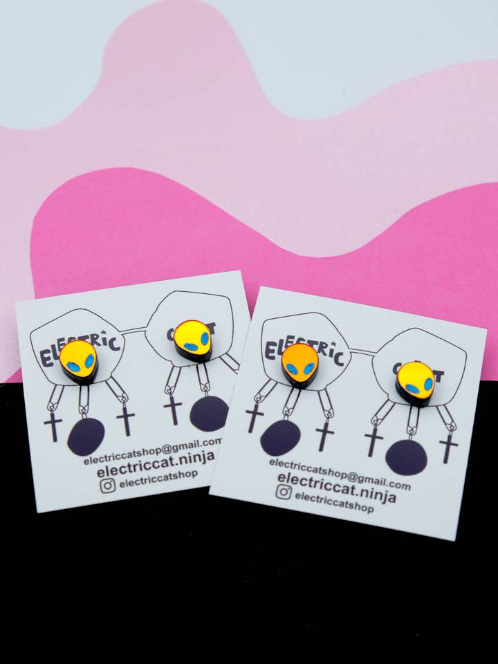 Alien Stud Earrings Black Iridescent Acrylic UFO Jewel for wholesale by Electric Cat