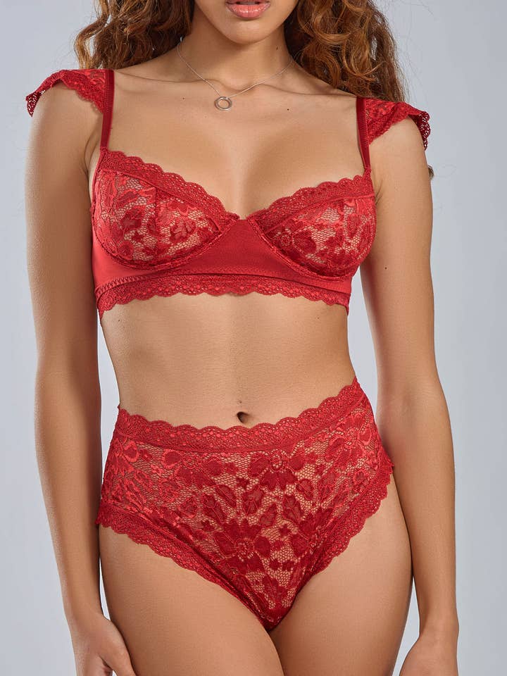 Hera Rotes 2-teiliges Set mit geschnürtem Ärmel-BH und Slip für den Großhandel von iCollection