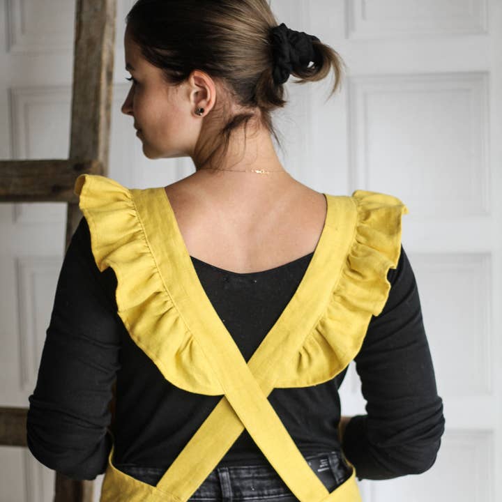 The Raw Linen - Wholesale Apron - Linen apron with ruffles, Cross back linen apron with frills2