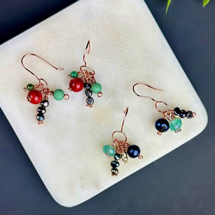 Pendientes modernos con cuentas en forma de racimo, ágata, jaspe, vidrio y perla | Pendientes de bolas navideñas rojas y verdes, vacaciones de verano y primavera, luna de miel para venta al por mayor de SoCal Creative