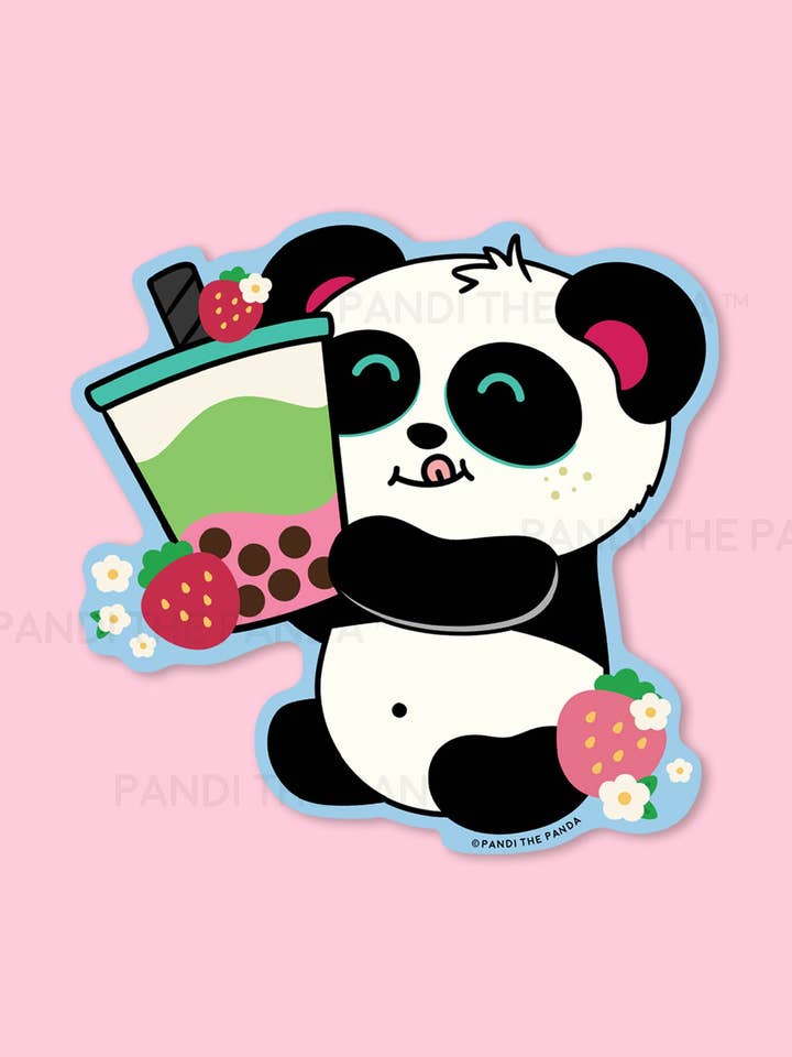 Adhesivo de vinilo Strawberry Matcha Boba Pandi para venta al por mayor de Fat Rabbit Farm / Pandi the Panda