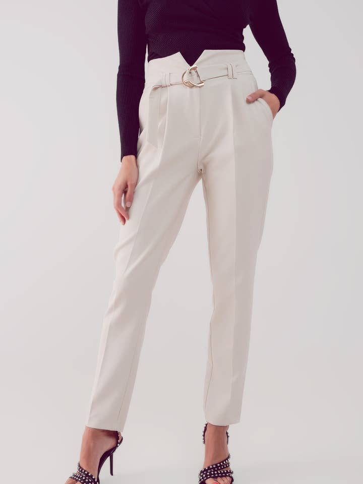White cigarette pants with paper-bag waist in cream for wholesale on Faire