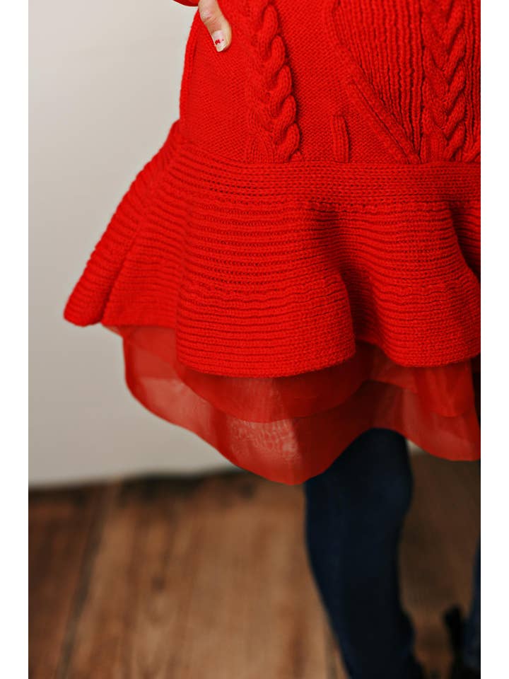 Adorable Sweetness - Wholesale Knit Sweater - Kids - Kids Red Cable Knit & Sheer Skirted Tunic Winter Sweater
