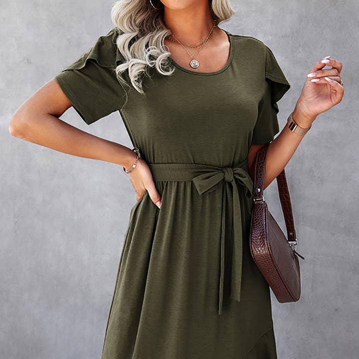 Petal Sleeve Ruffle Trim Belted Midi Dress for wholesale by Supreme Fashion