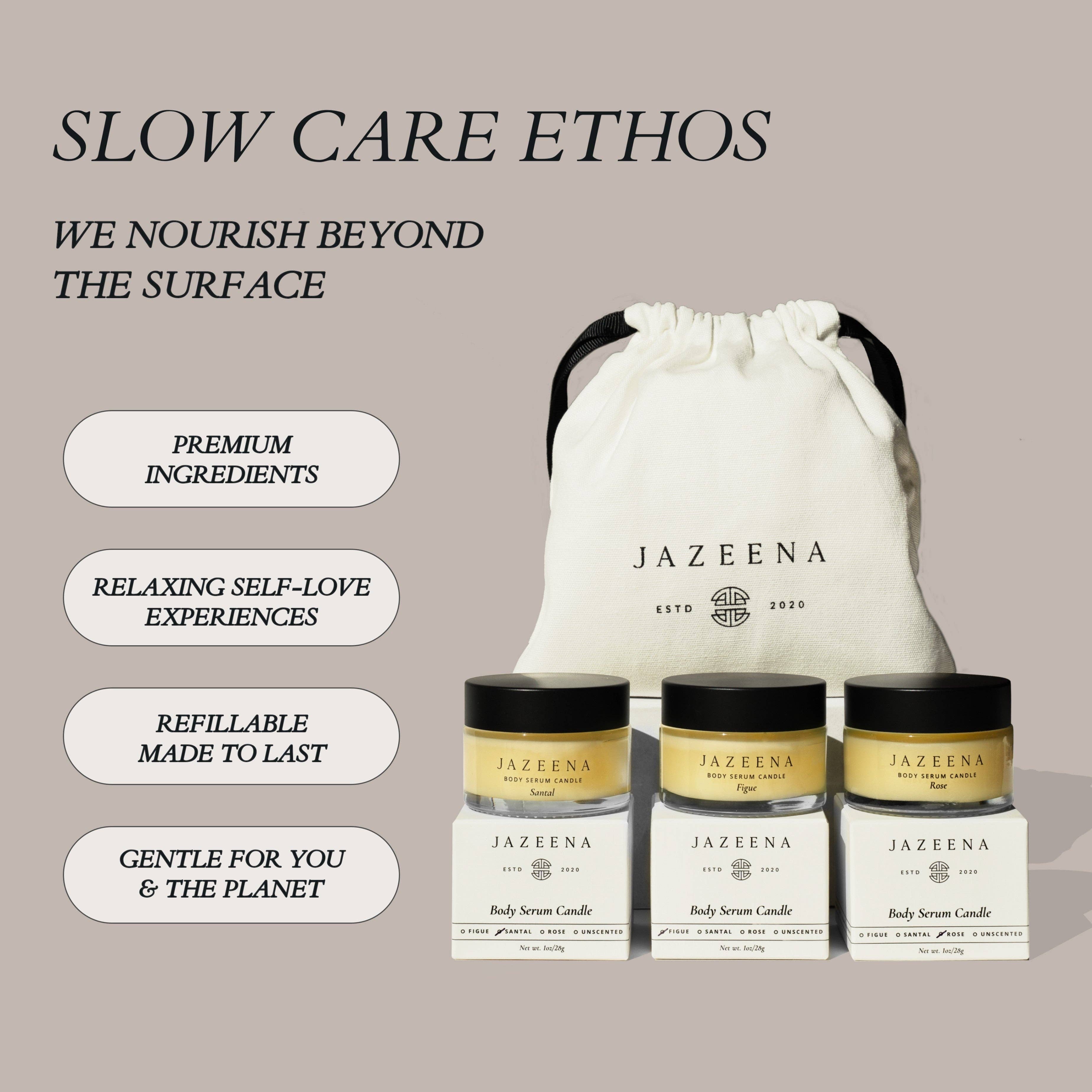 Jazeena - Wholesale Bath & Body Set - Body Serum Candle Set | Giftable, Trial-sized 3x1oz9